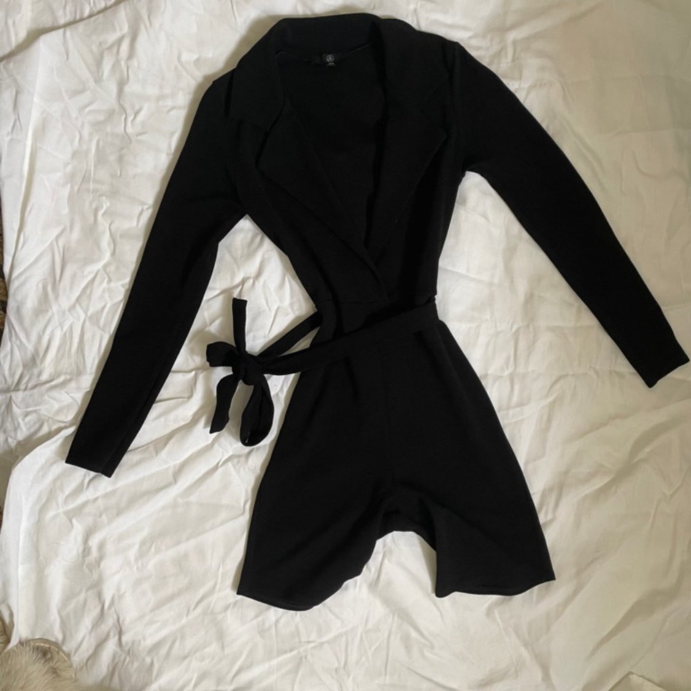 Black Biker Short Bodysuit with Waist Tie